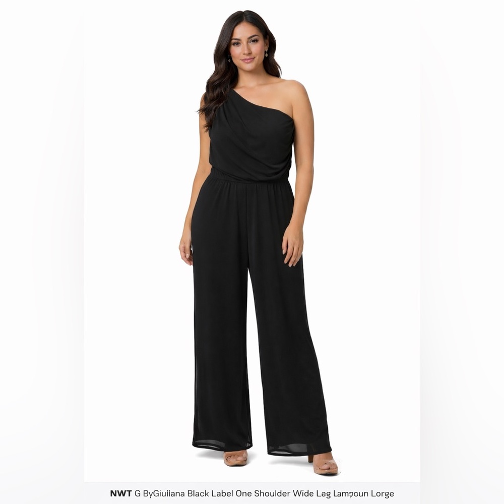 NWT G by Giuliana Black One Shoulder Wide Leg Jumpsuit L Elegant evening/Wed